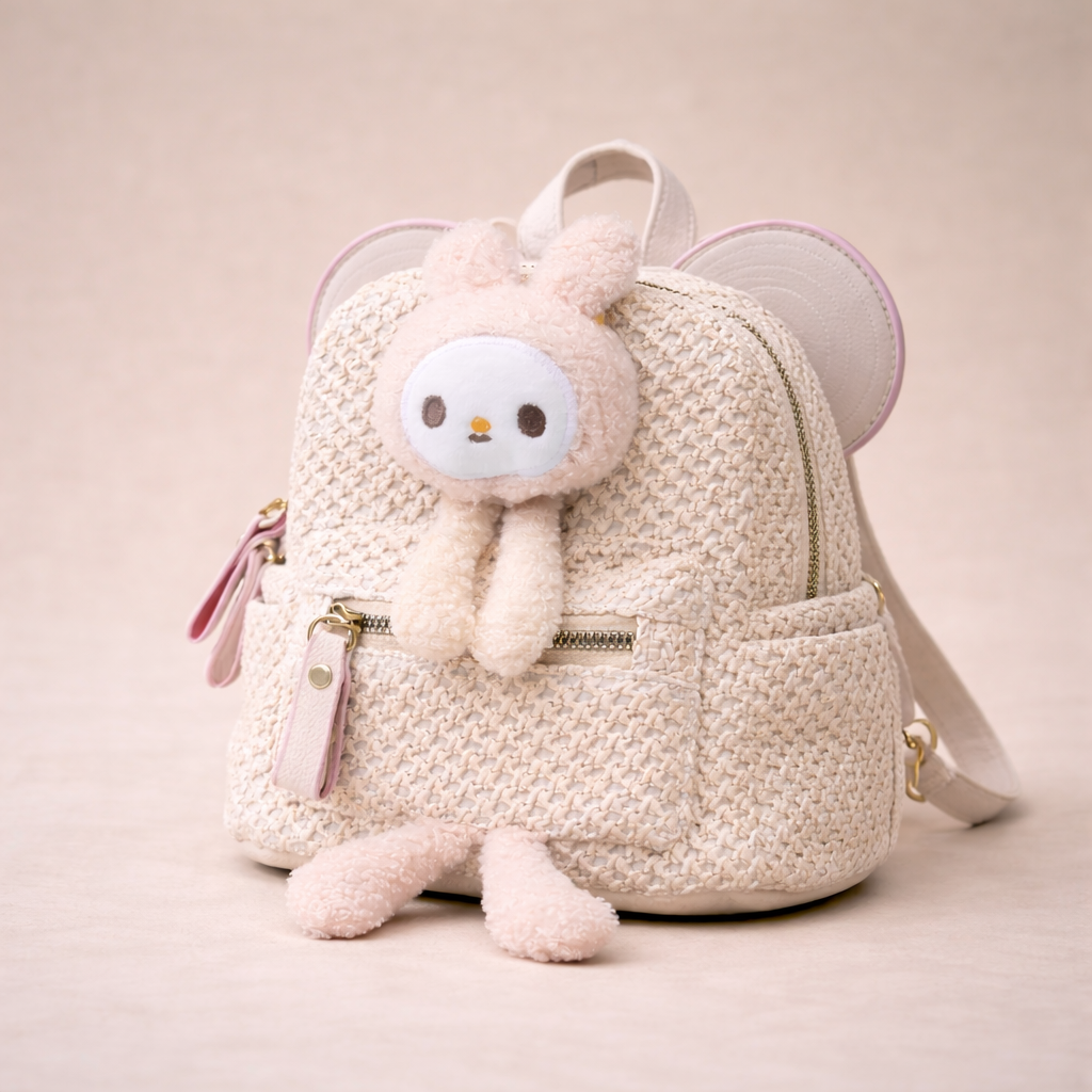Blush Bunny Charm Woven Mini Backpack