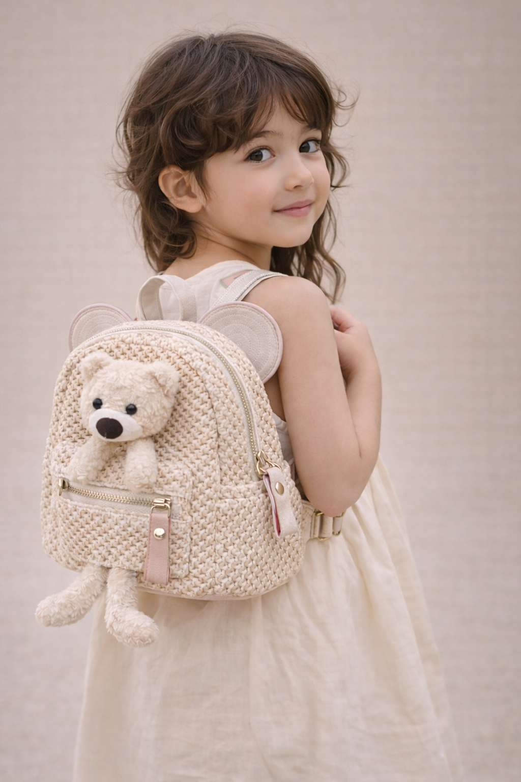 Teddy Charm Woven Mini Backpack