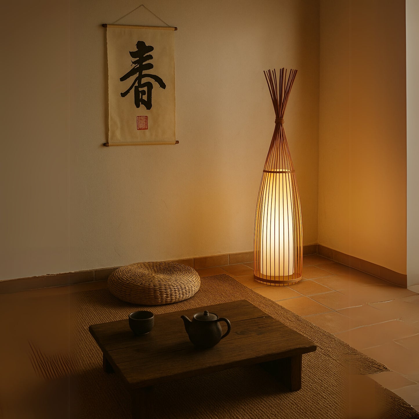 Zenora Cocoon Rattan Floor Lamp