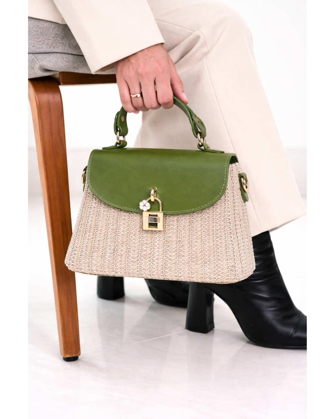 Verdelle Woven Top Handle Bag – Olive Green