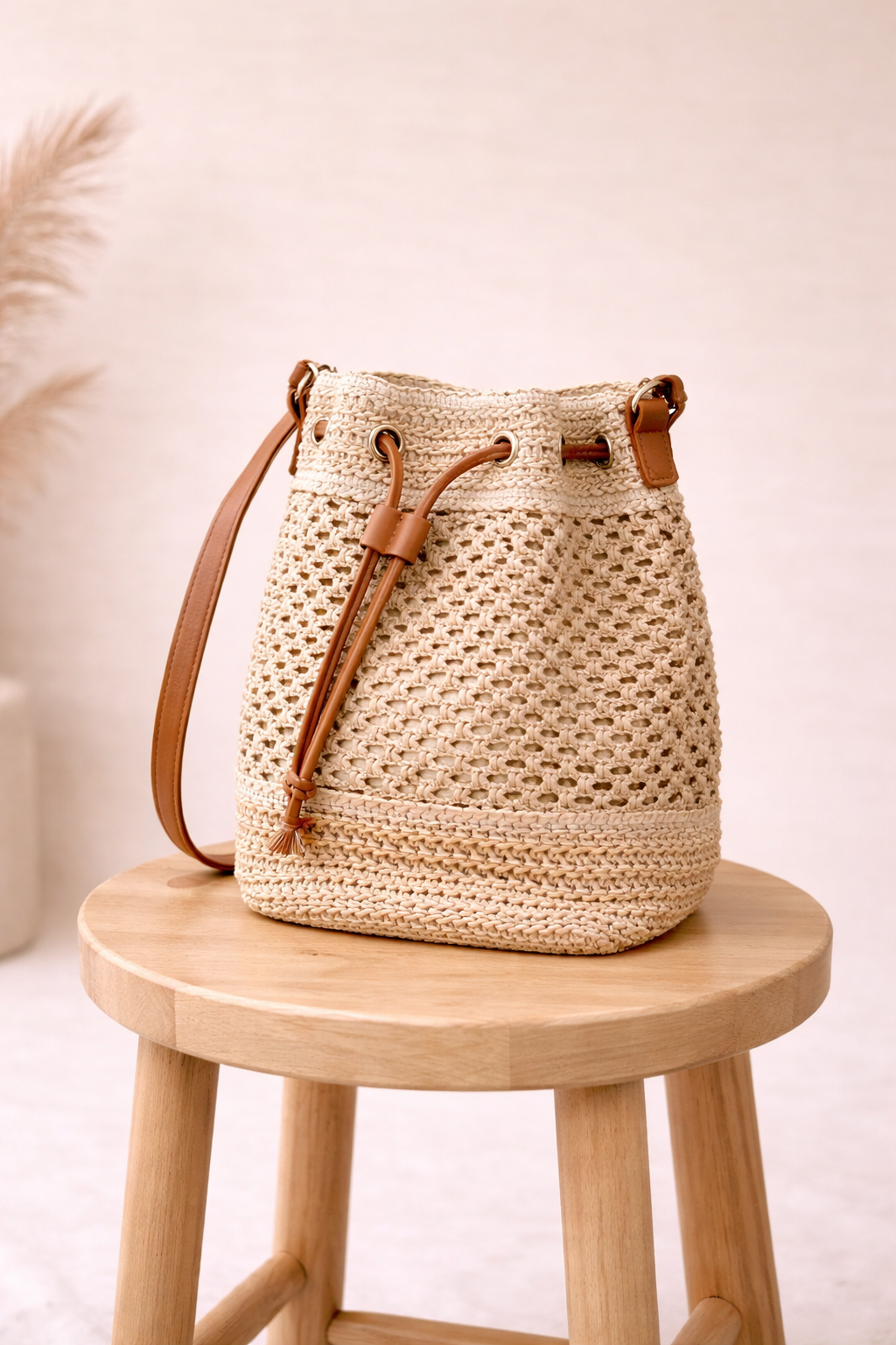 Ivory Woven Bucket Bag