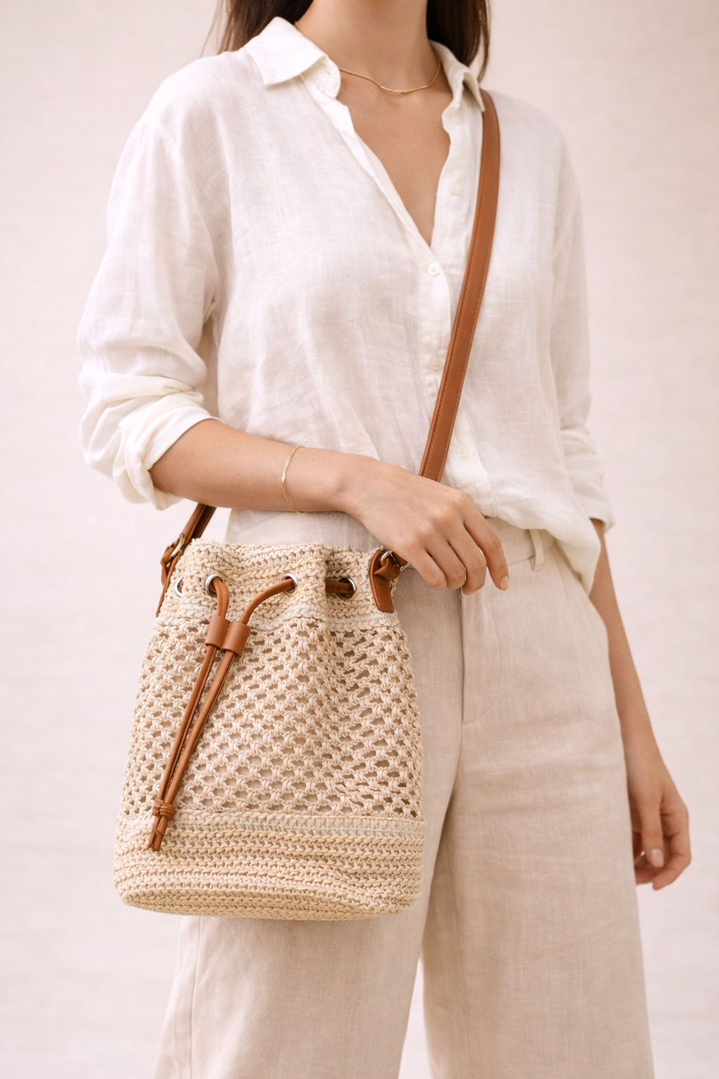 Ivory Woven Bucket Bag