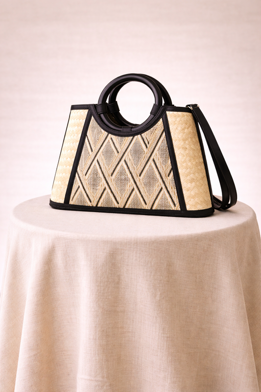 Noir Arc Woven Top Handle Bag