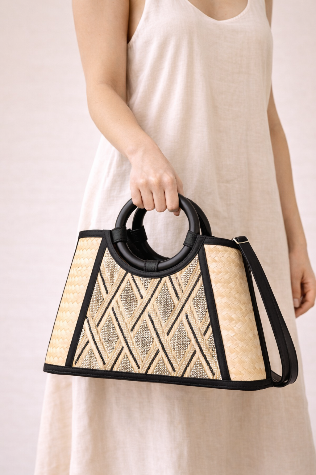 Noir Arc Woven Top Handle Bag