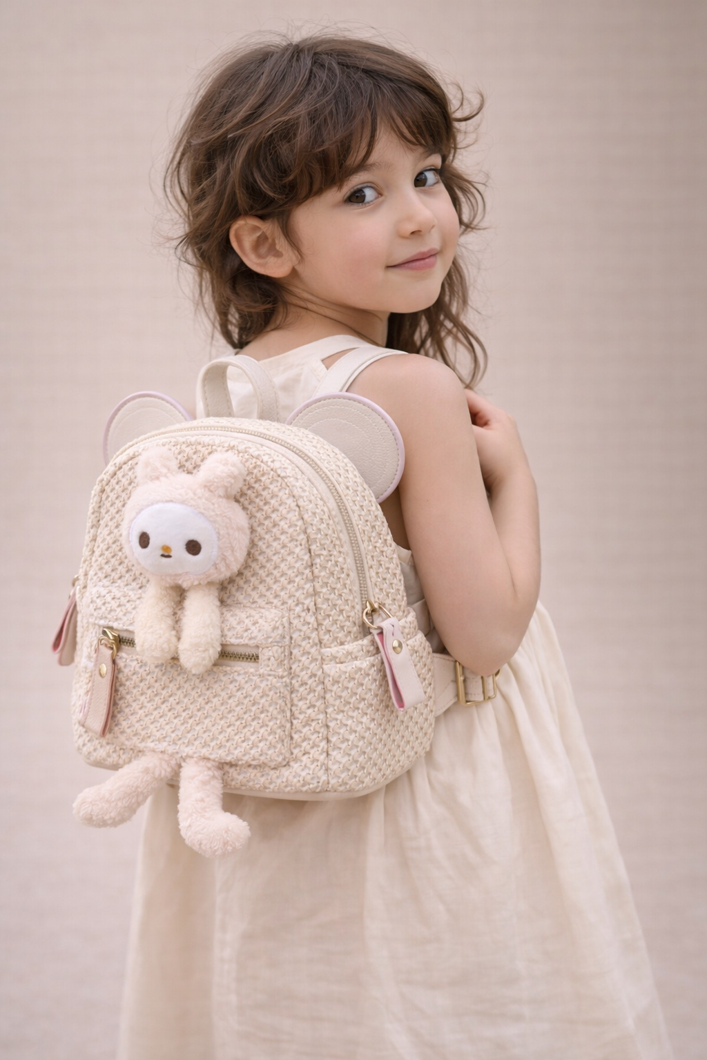 Blush Bunny Charm Woven Mini Backpack