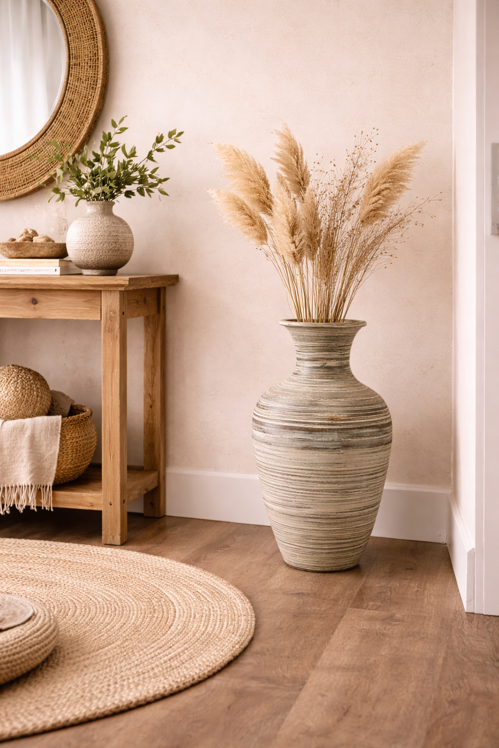 Elara Strata Bamboo Floor Vase – Handwoven Sculpted Statement